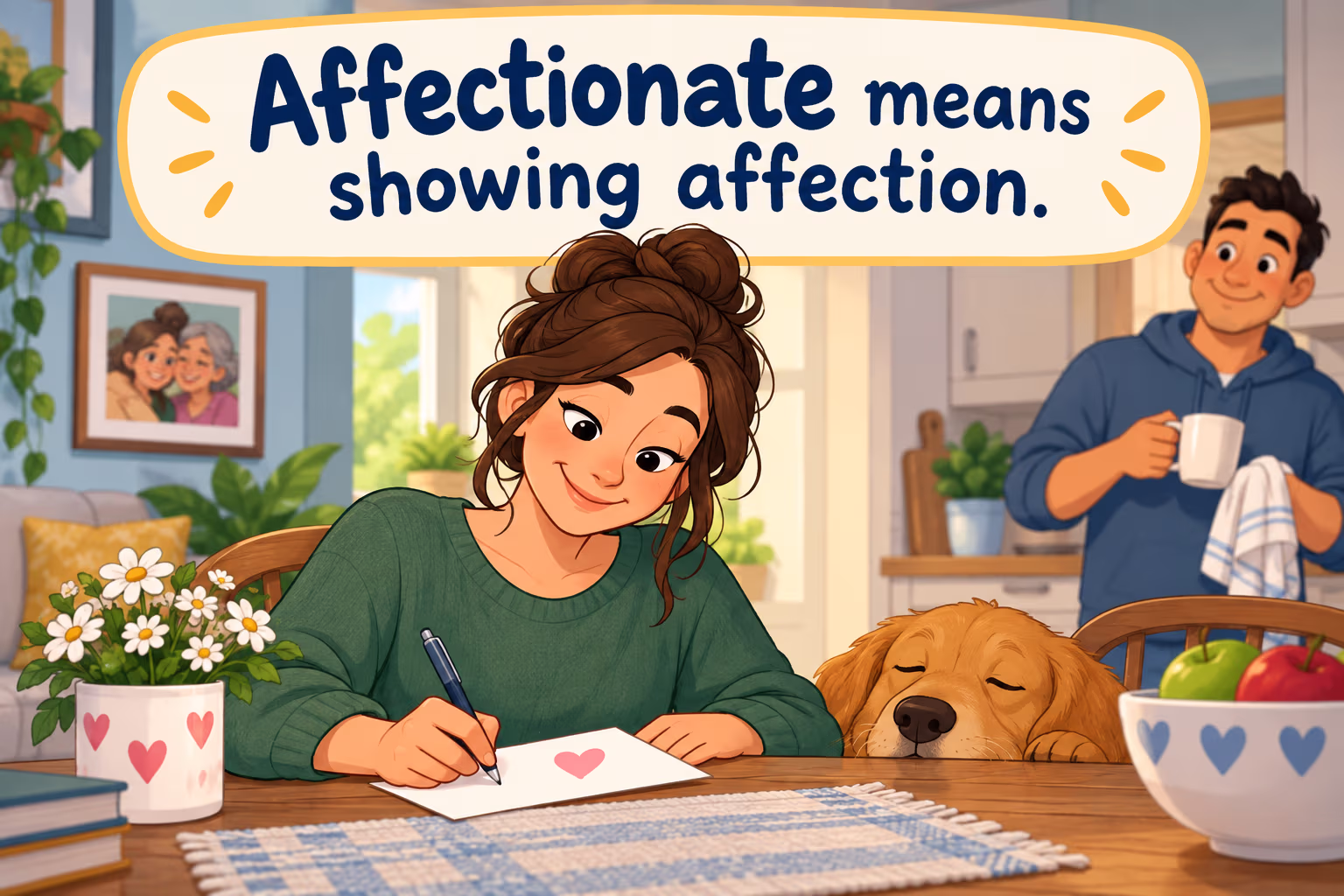 An adult writes a warm note while family and a dog share a caring home scene. Affectionate means showing affection.