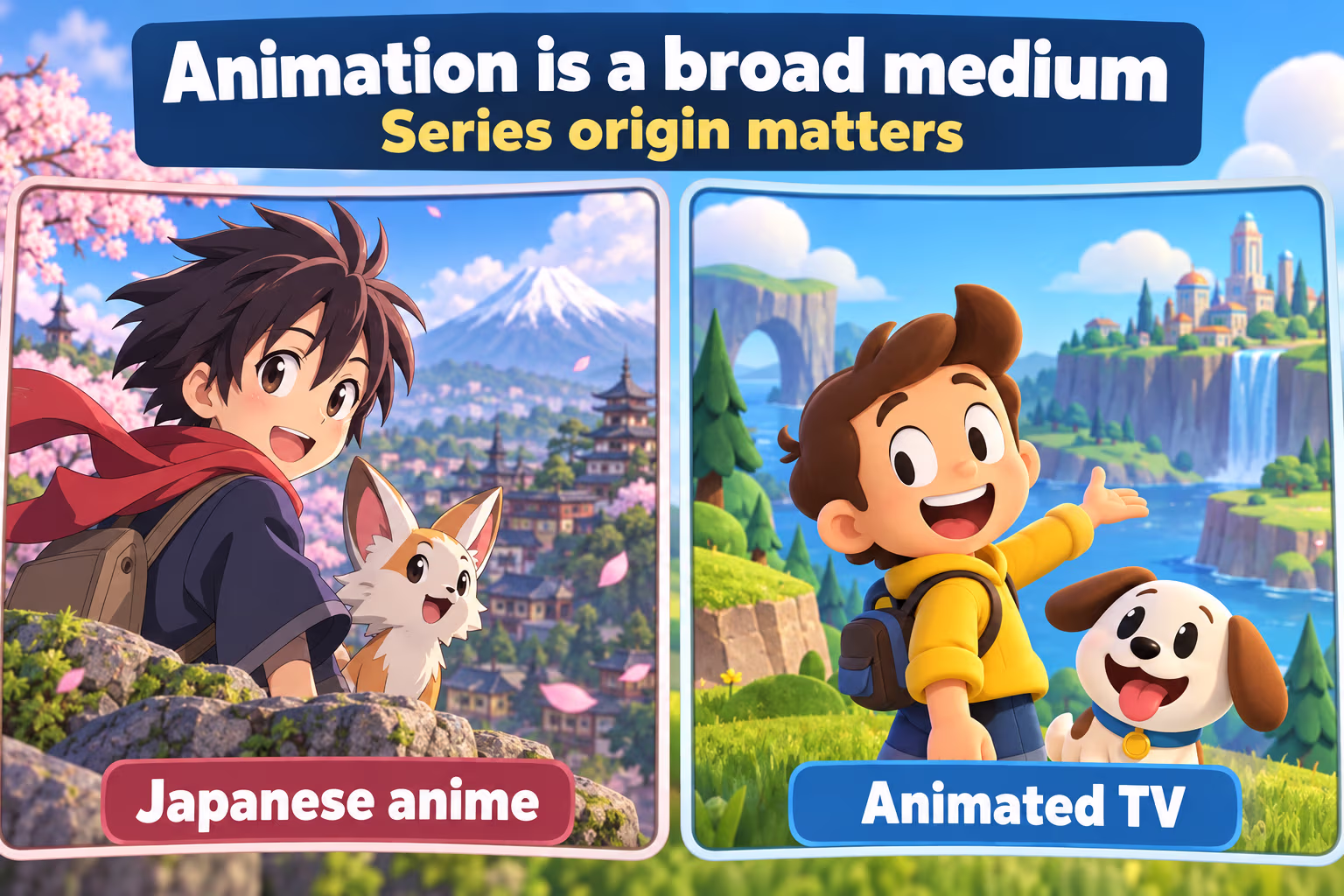 Two generic animation scenes labeled Japanese anime and animated TV, about series origin