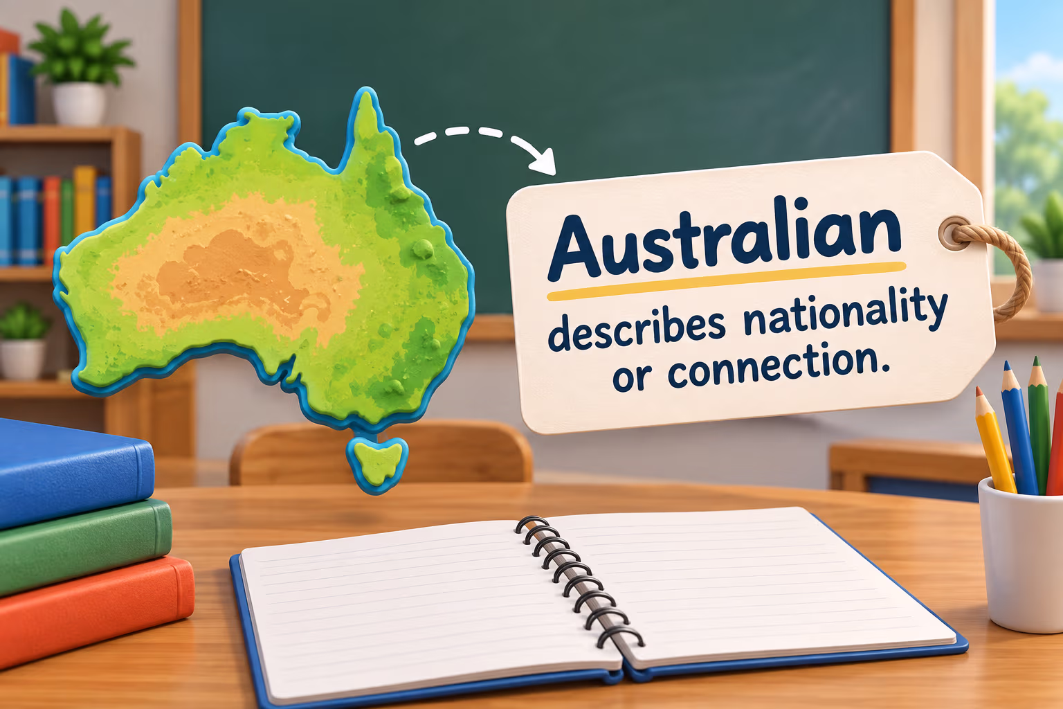 An unlabelled map shape connects to an adjective tag in a classroom scene, illustrating Australian as a nationality or connection.