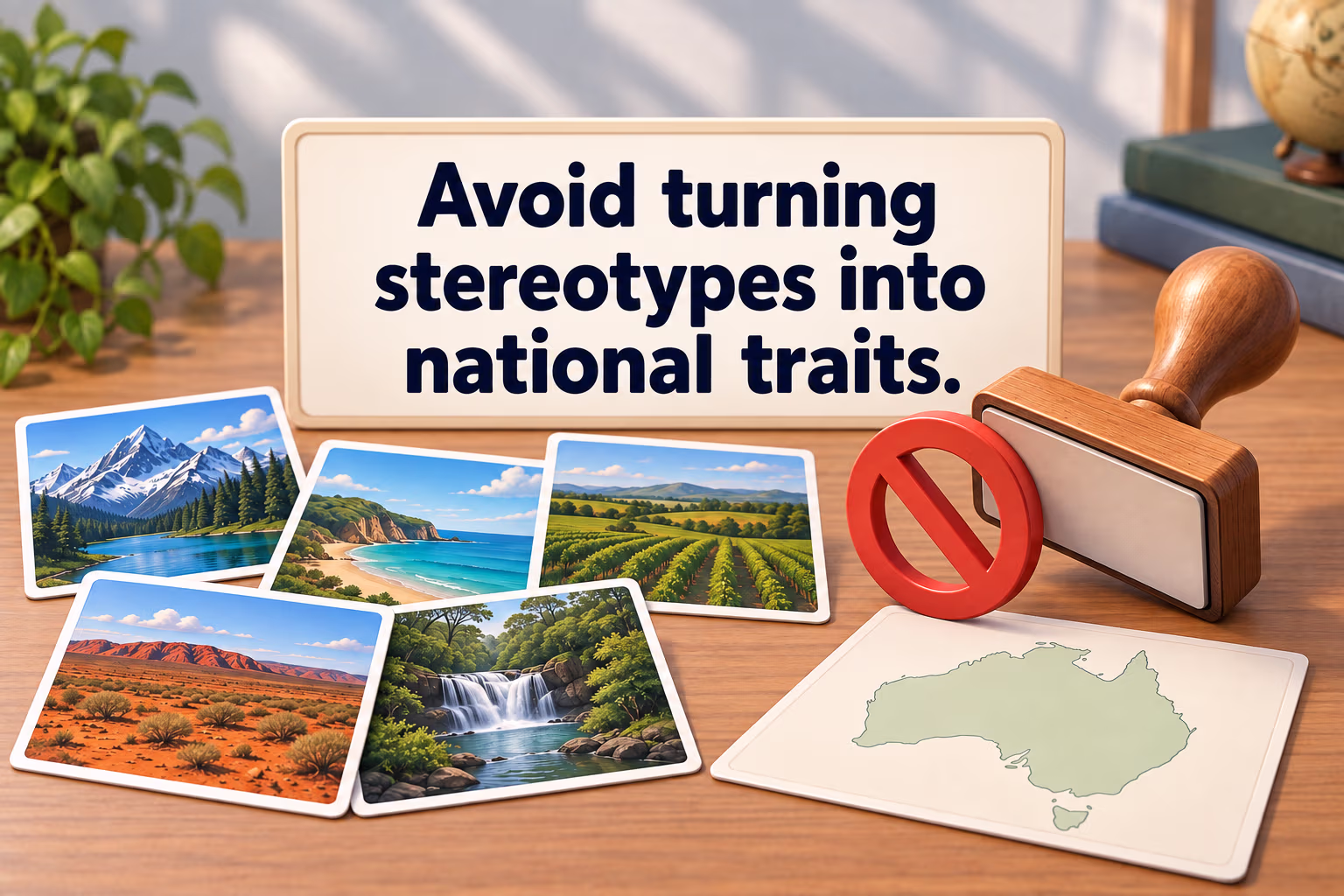 Several distinct landscape cards sit beside a stopped blank stamp, illustrating why national stereotypes should be avoided.