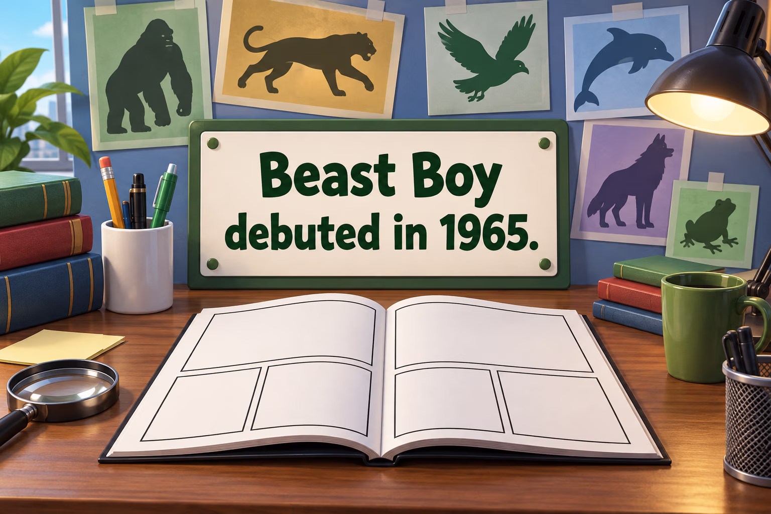 A playful three-dimensional vintage animation desk with a blank film strip and a timeline card illustrating Betty Boop’s 1930 precursor.
