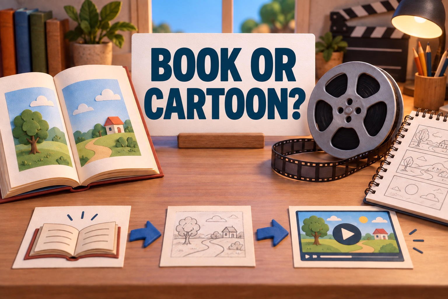 A 3D storybook and film reel illustrate the difference between a character's book origin and a cartoon adaptation.