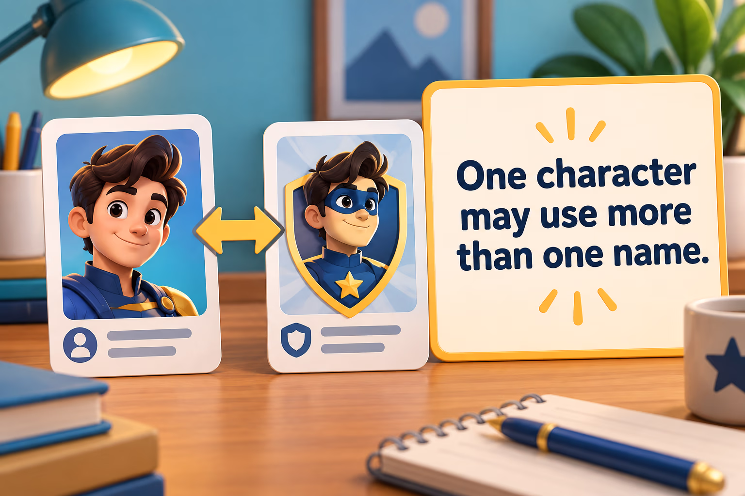 Two matching identity cards show that one generic cartoon character may have more than one name.