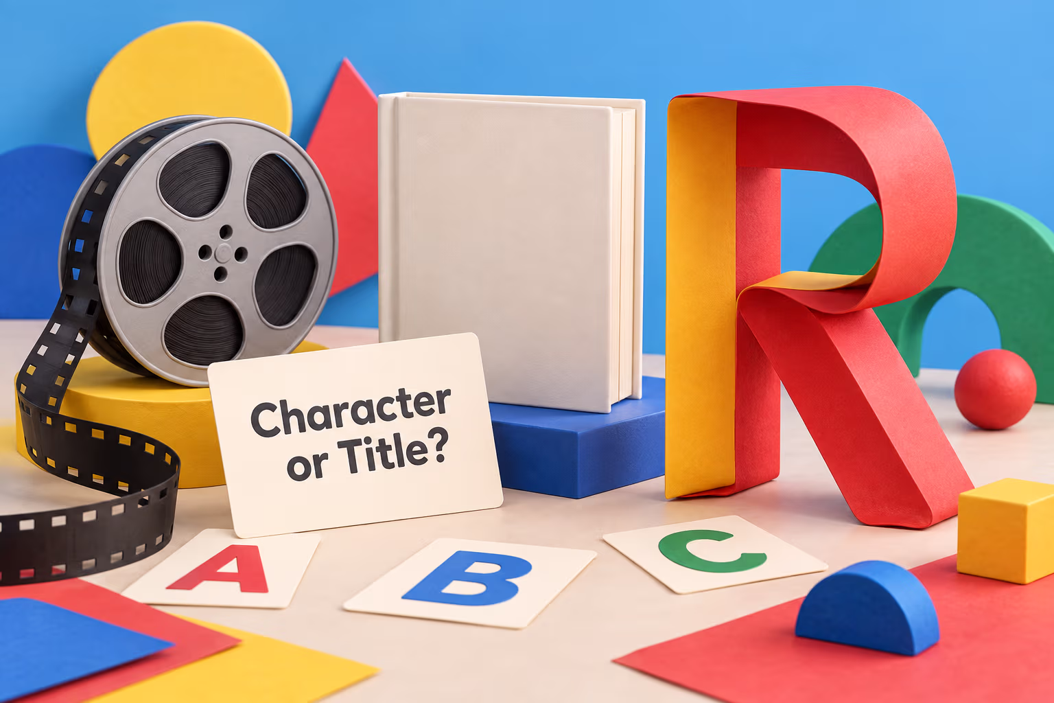 A film reel, blank book, letter R, and card asking whether an item is a character or a title.