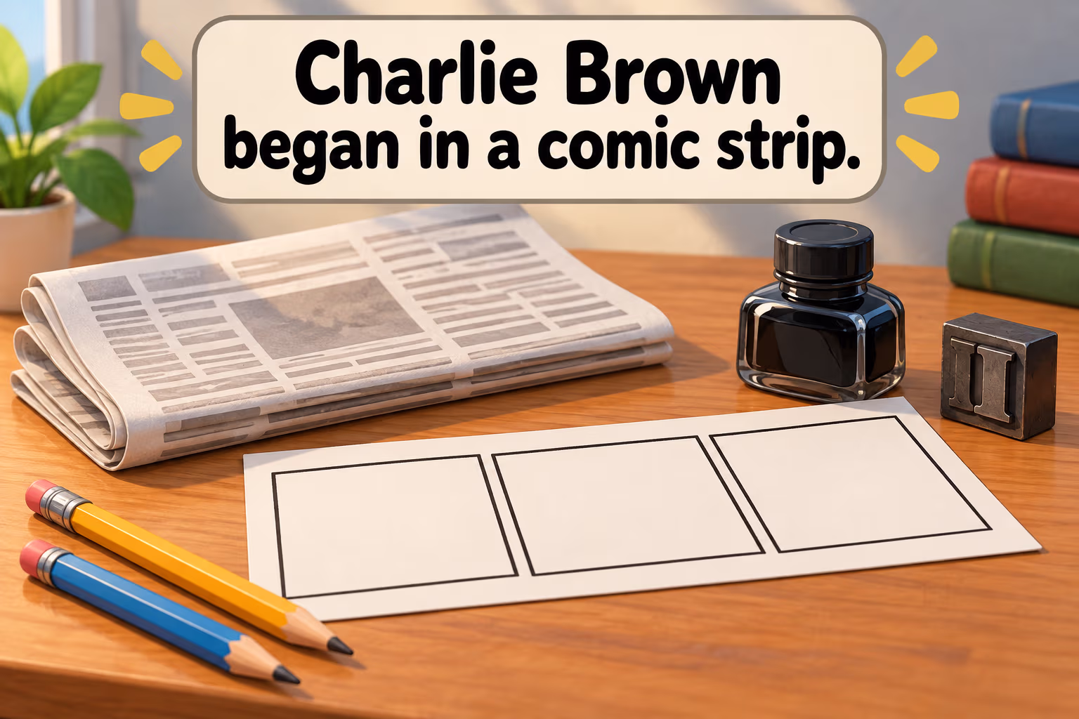 Newspaper, blank comic panels, pencils, and an inkwell illustrate Charlie Brown’s comic-strip origin.