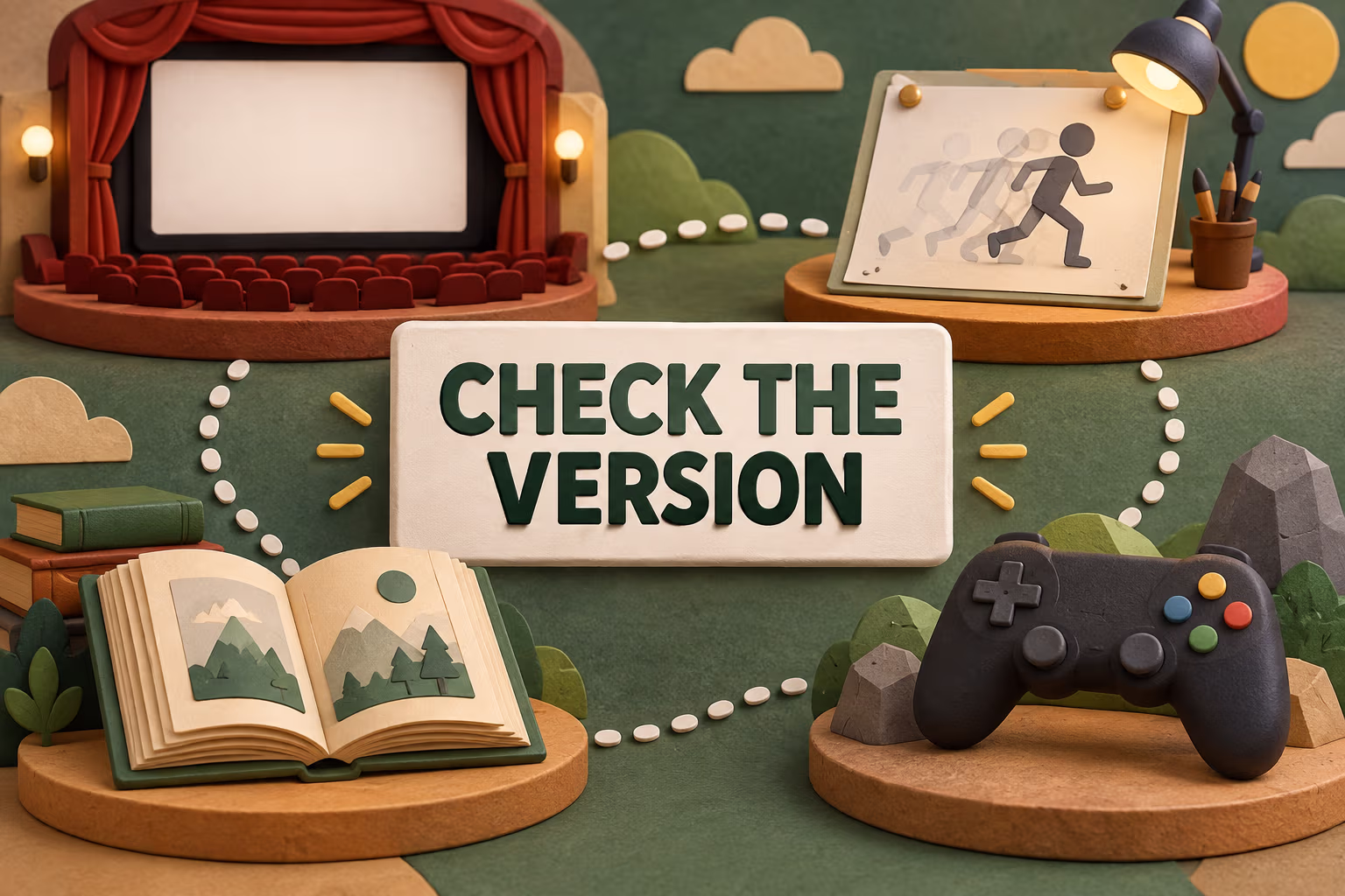 A 3D book, theater screen, animation cel, and game controller illustrate why readers should check a character's version.