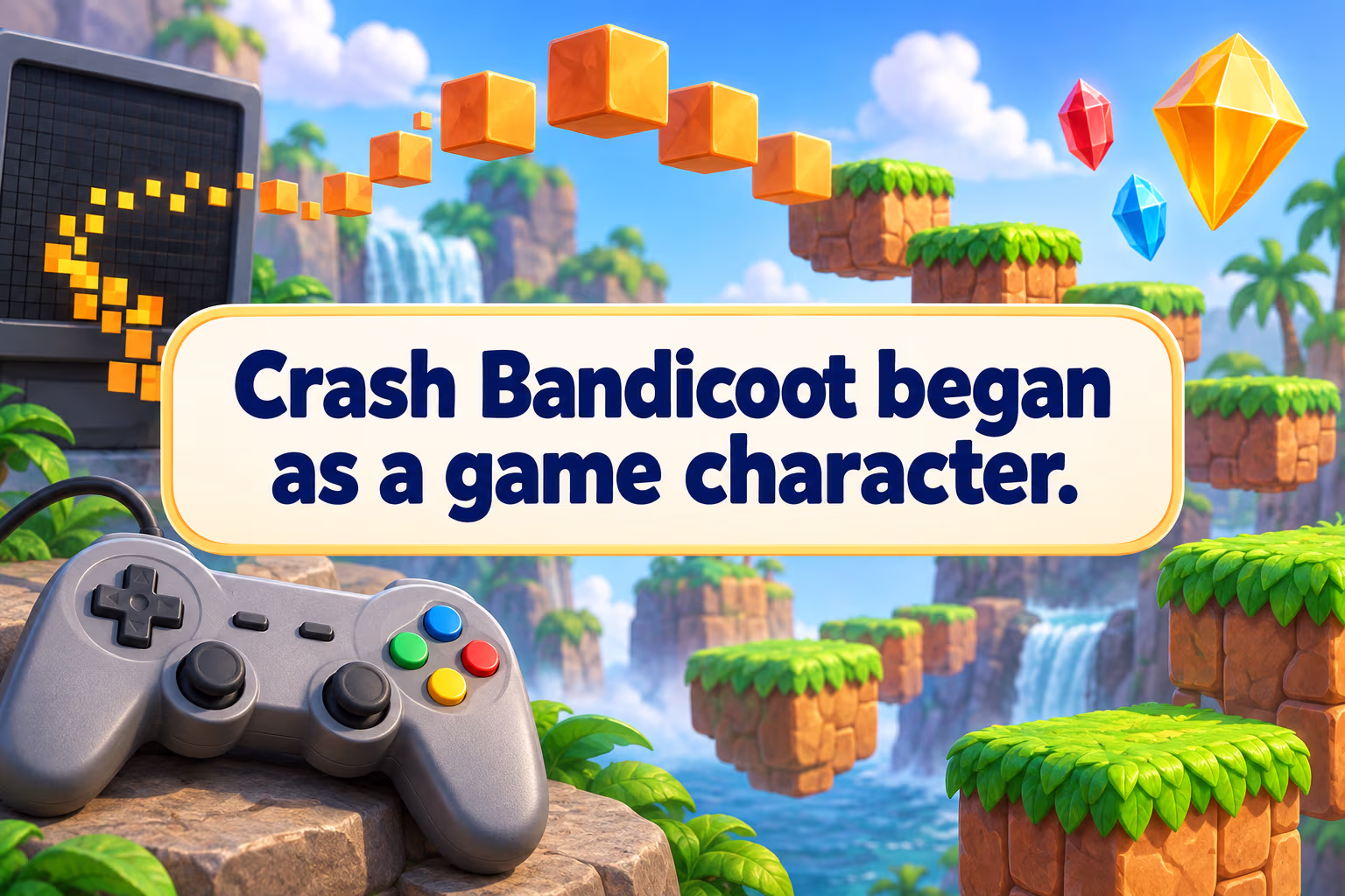 An unbranded game controller, pixel blocks, and level platforms illustrate Crash Bandicoot’s game origin.