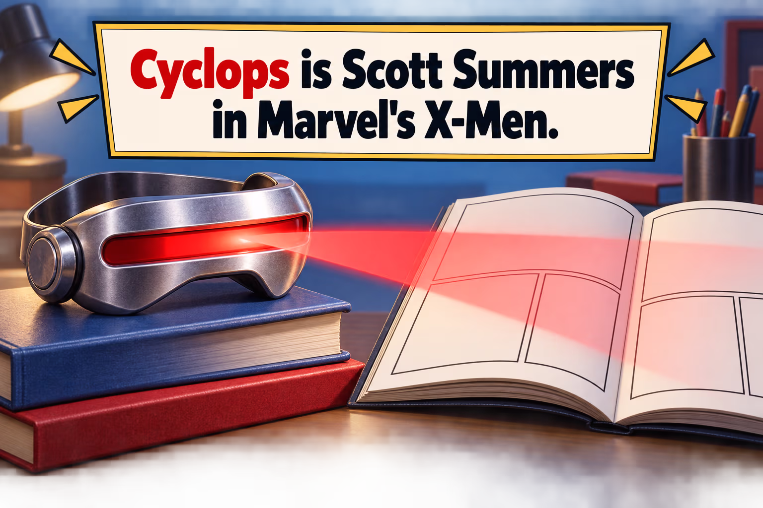 An abstract visor and beam beside an open blank comic book illustrate Cyclops’s identity as Scott Summers.