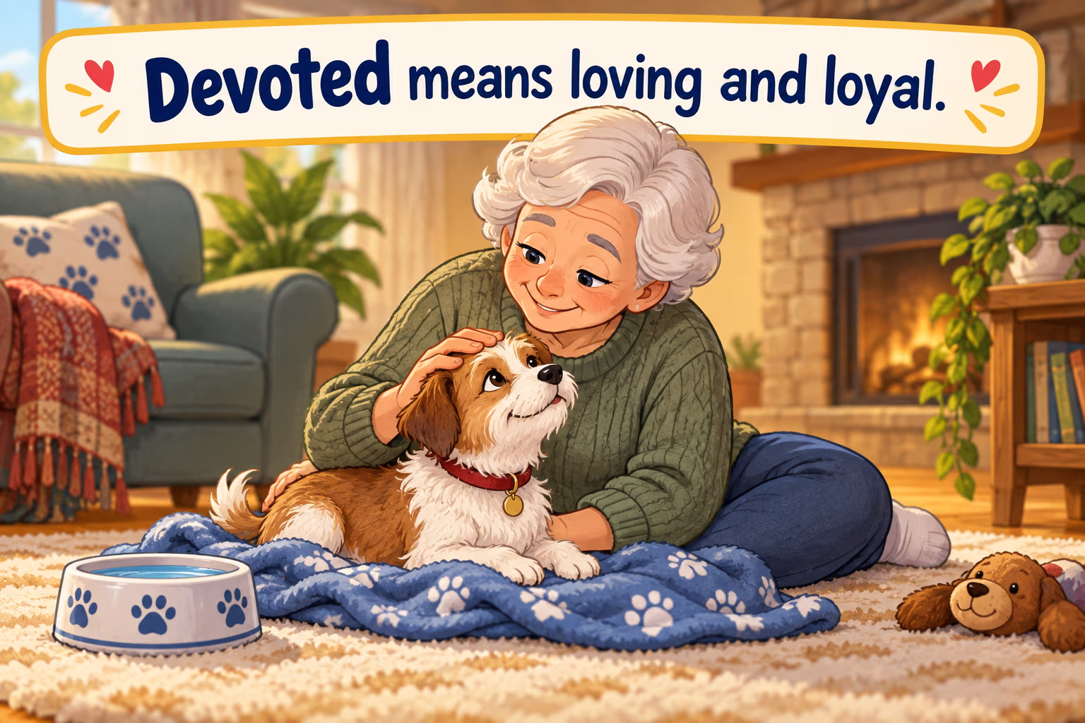 An older adult gently cares for a small dog at home. Devoted means loving and loyal.