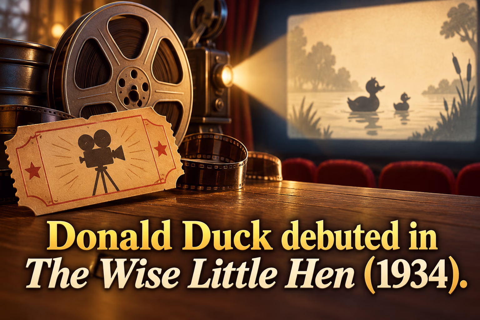 A vintage film reel, theater ticket, projector, and generic pond ducks illustrate Donald Duck’s 1934 screen debut.