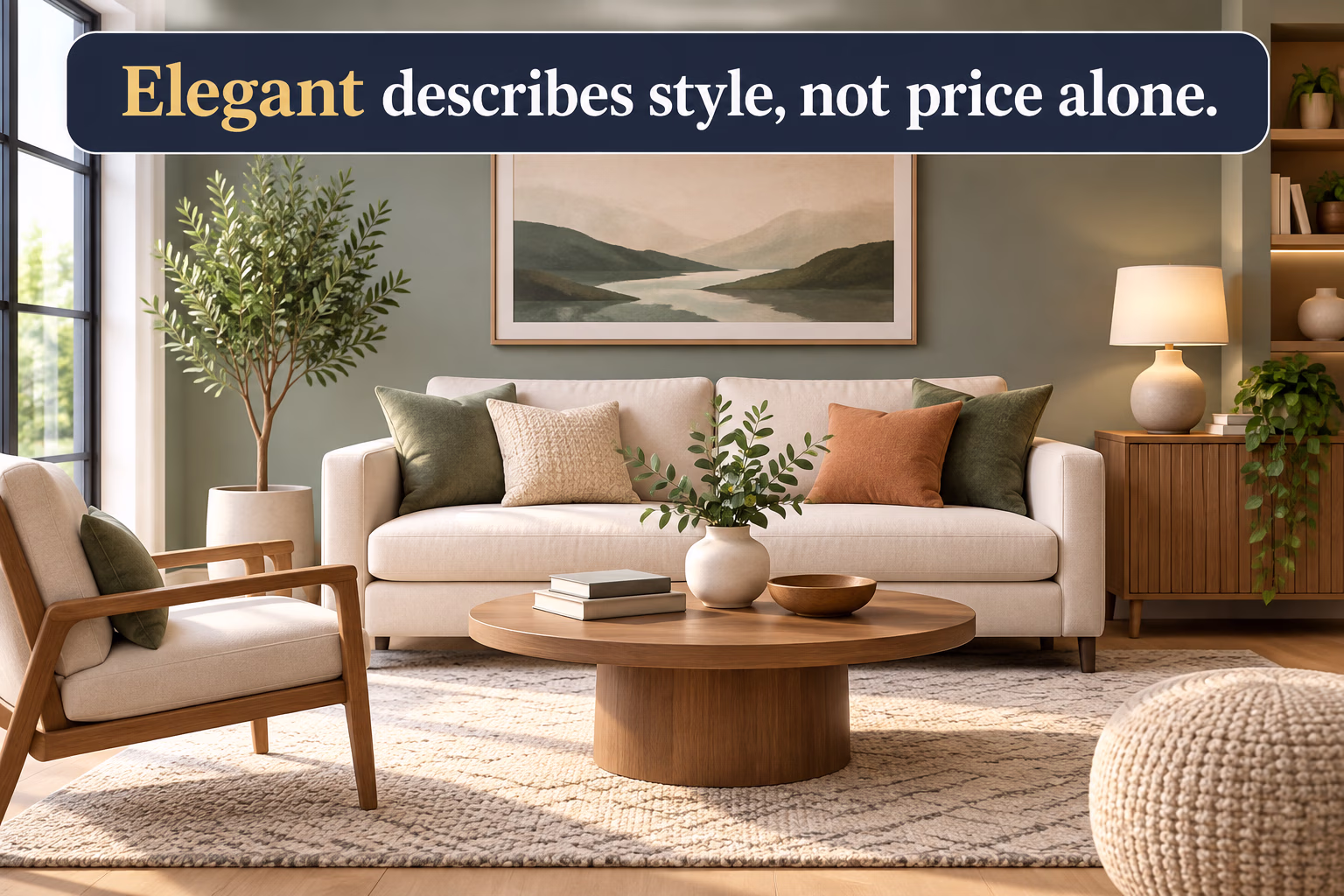A graceful modern interior with balanced design and restrained colors illustrates elegance without emphasizing price.