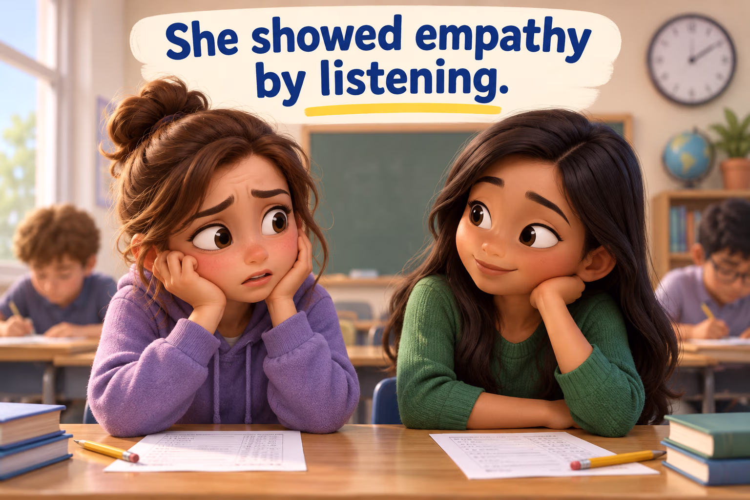 A student listens to a worried classmate, illustrating the sentence “She showed empathy by listening.”
