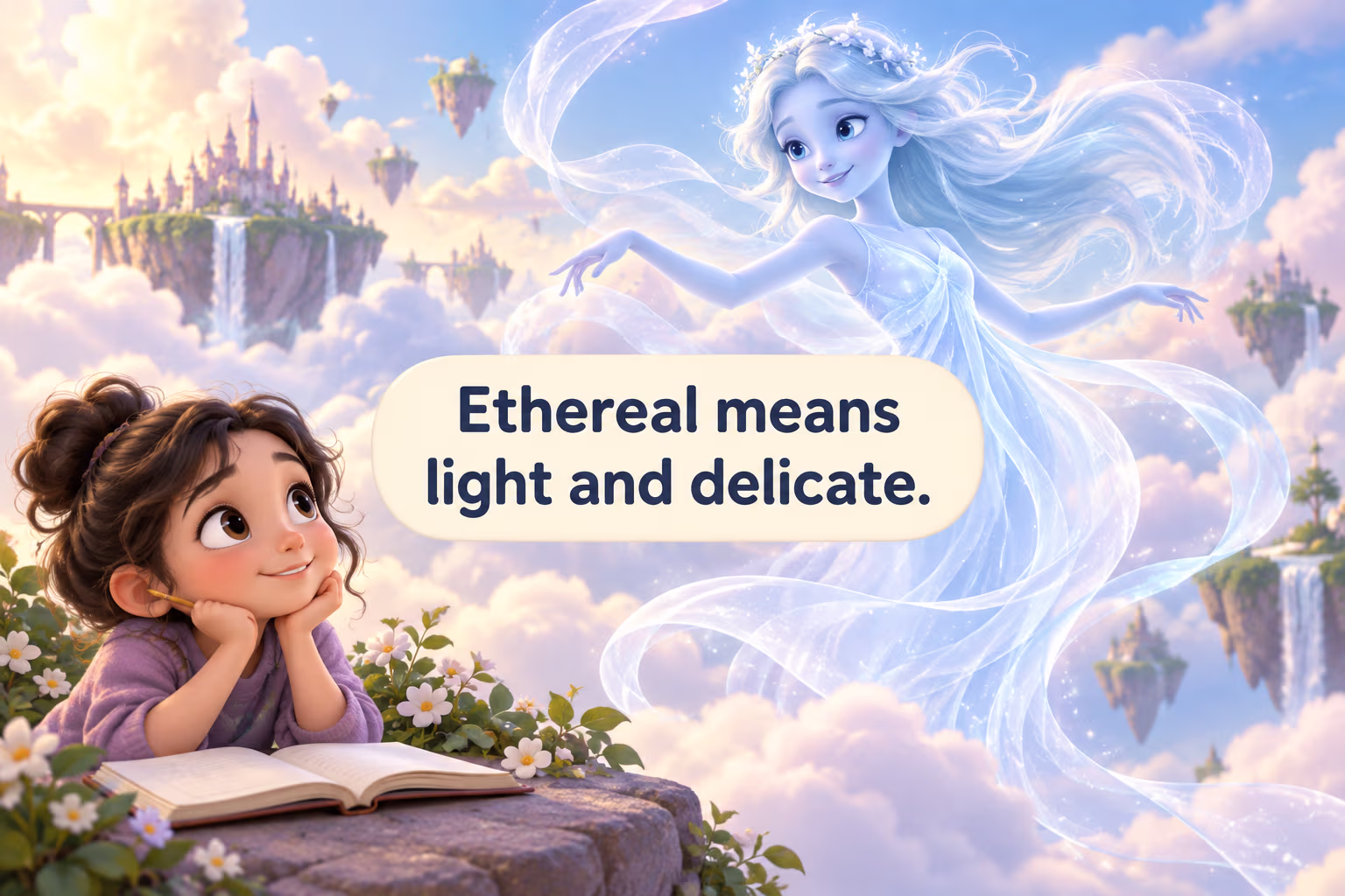 Gentle pale-blue fantasy spirit drifting among clouds beside a young writer.