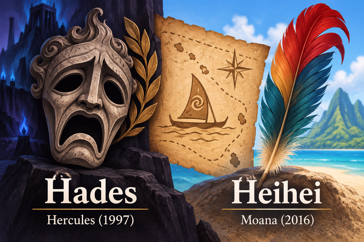 Hades and Heihei examples A mask and rooster feather label Hades from Hercules (1997) and Heihei from Moana (2016).