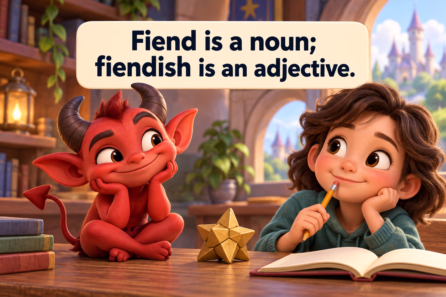 Friendly red imp-like character beside a child writer and a storybook.