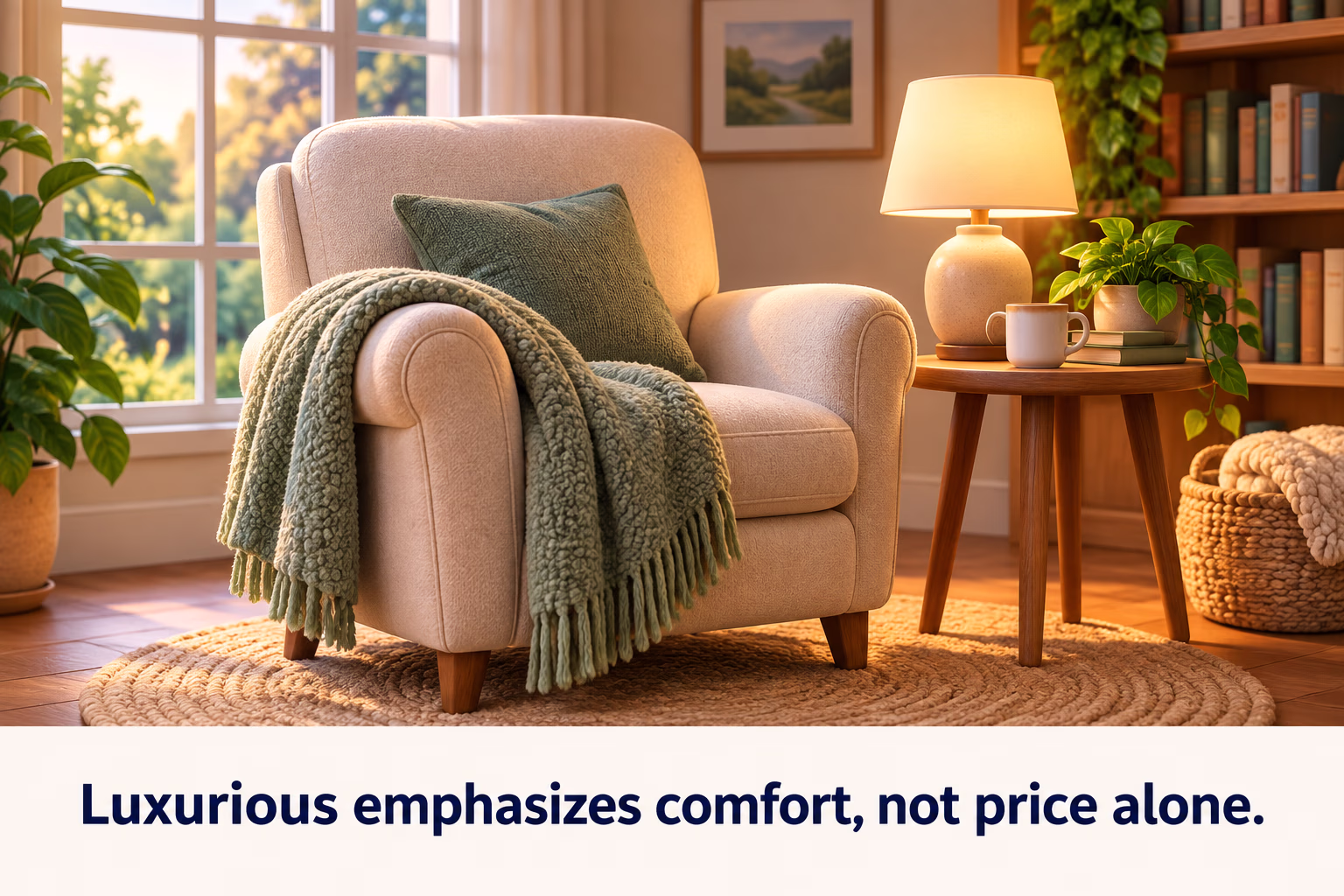 A comfortable reading nook with a soft chair, blanket, and warm light illustrates luxurious comfort.