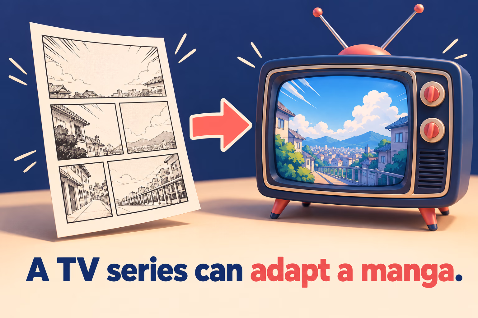 A manga page points toward a television to show how an animated series can adapt a manga.