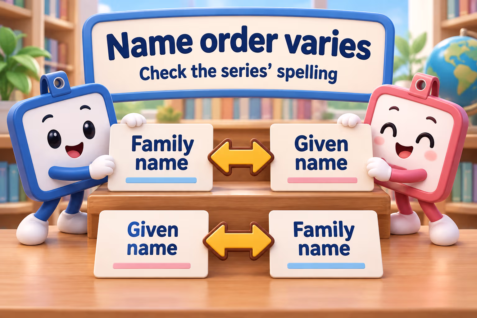 Generic family-name and given-name cards swap order to explain name-order variation