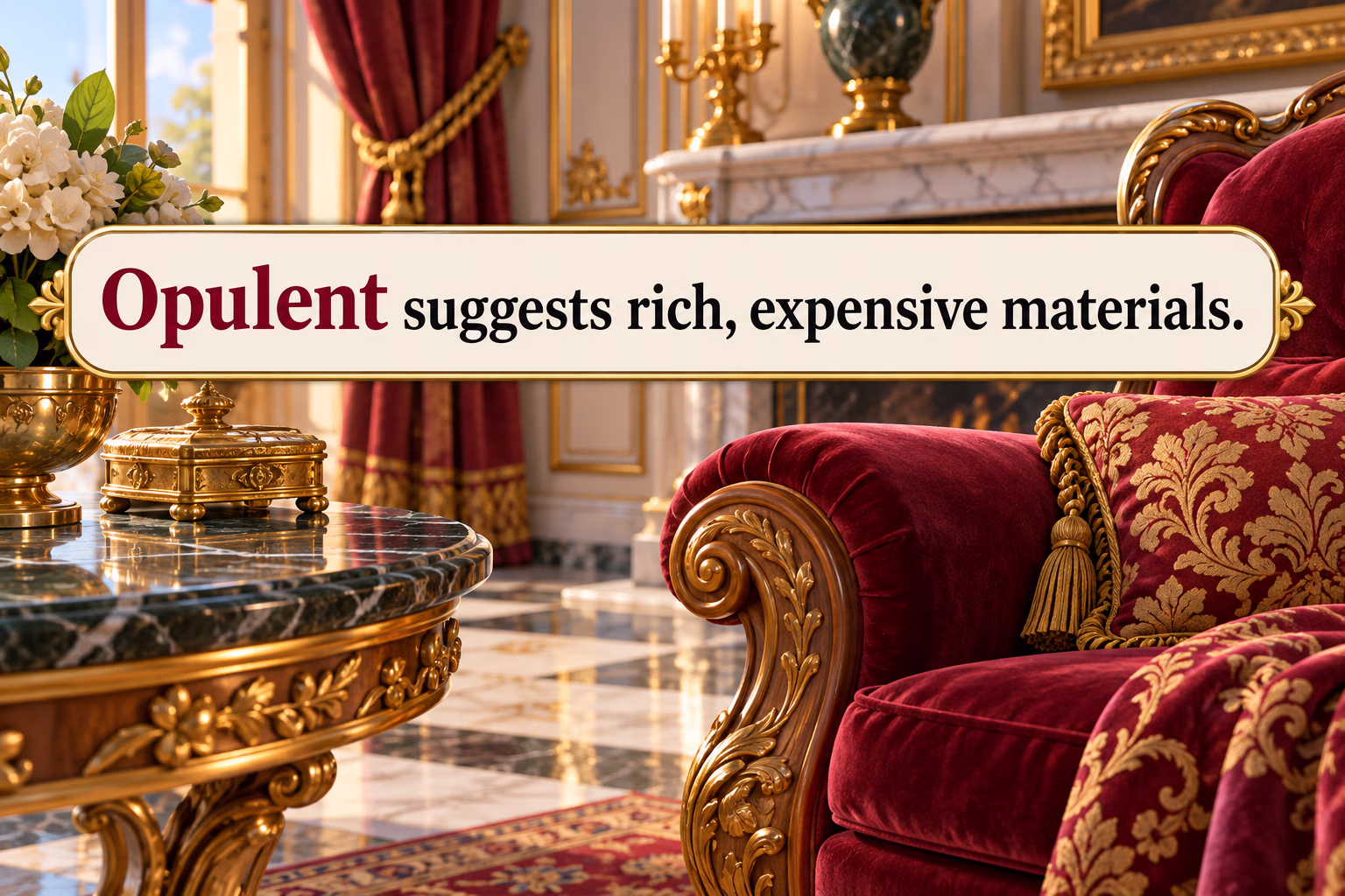 An ornate room with rich fabric, carved wood, brass trim, and polished stone illustrates opulent materials.
