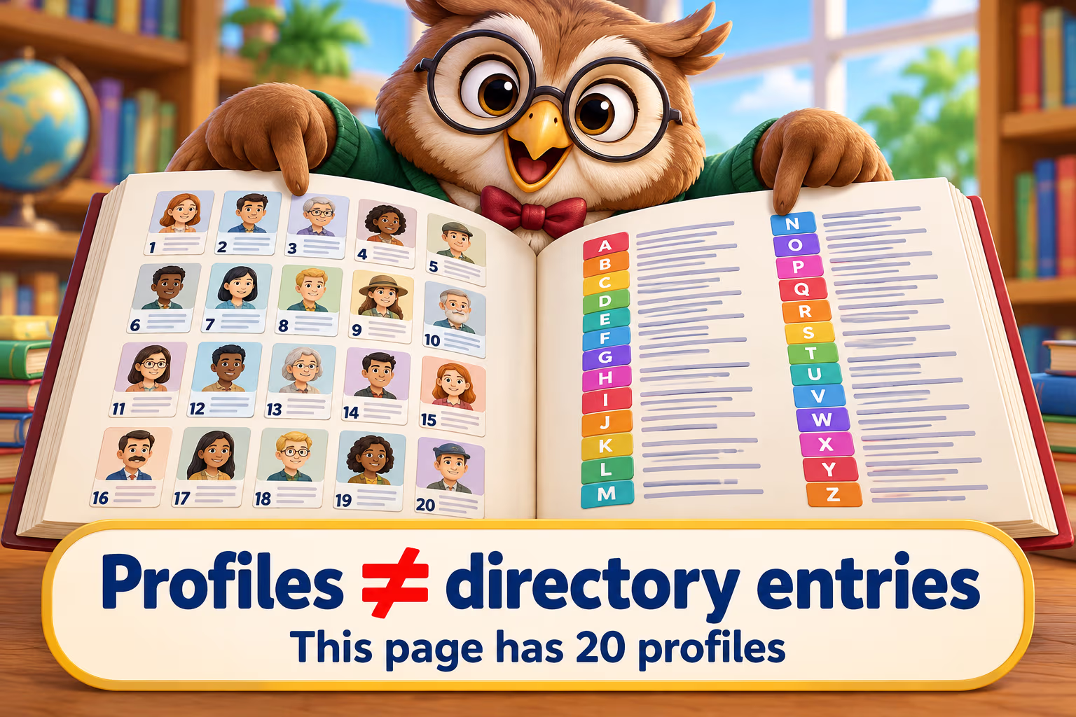 Numbered profile cards beside an alphabetized directory, distinguishing 20 profiles from extra names