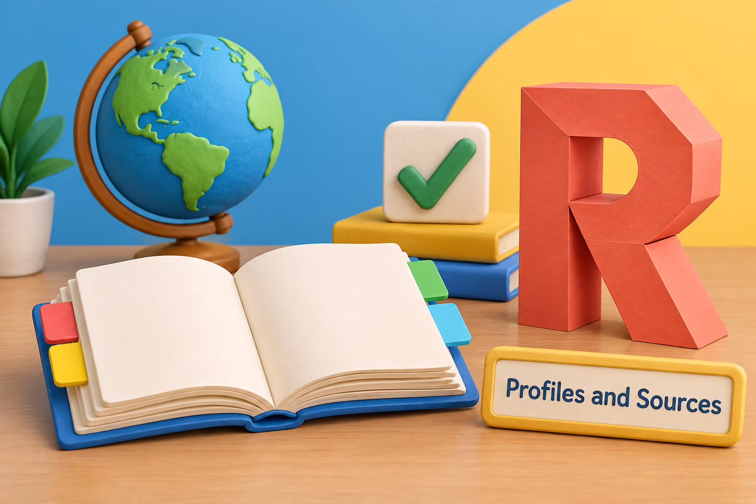 An open book, globe, check mark, and large letter R representing researched profiles.