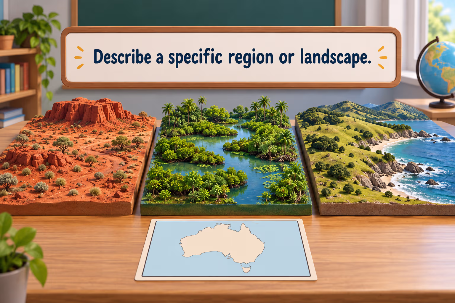 Separate landscape models show an arid interior, tropical wetland, and temperate southern coast under a region-specific writing prompt.