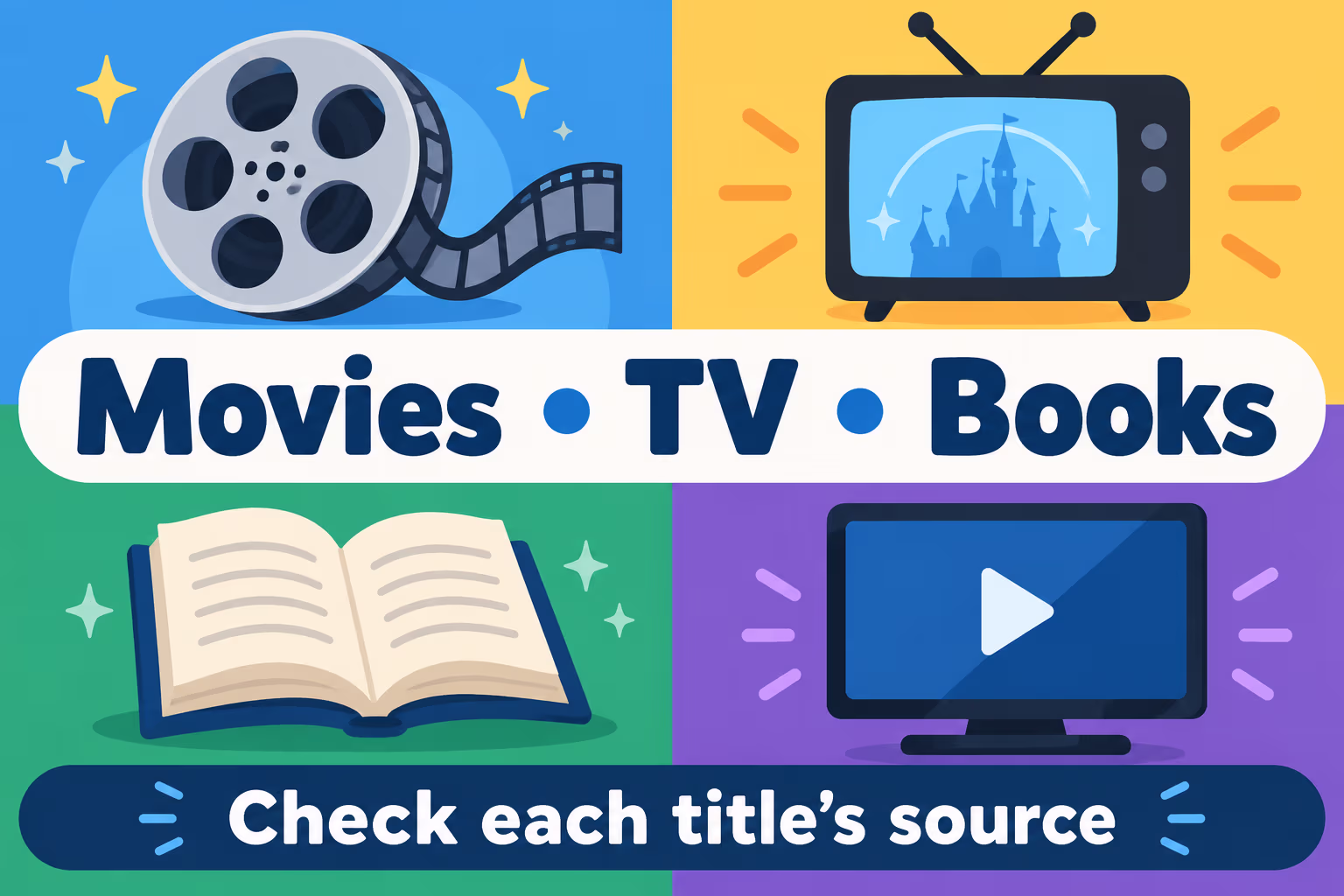 Disney story formats An educational graphic groups Disney story titles by movies, television, and books and says to check each title’s source.