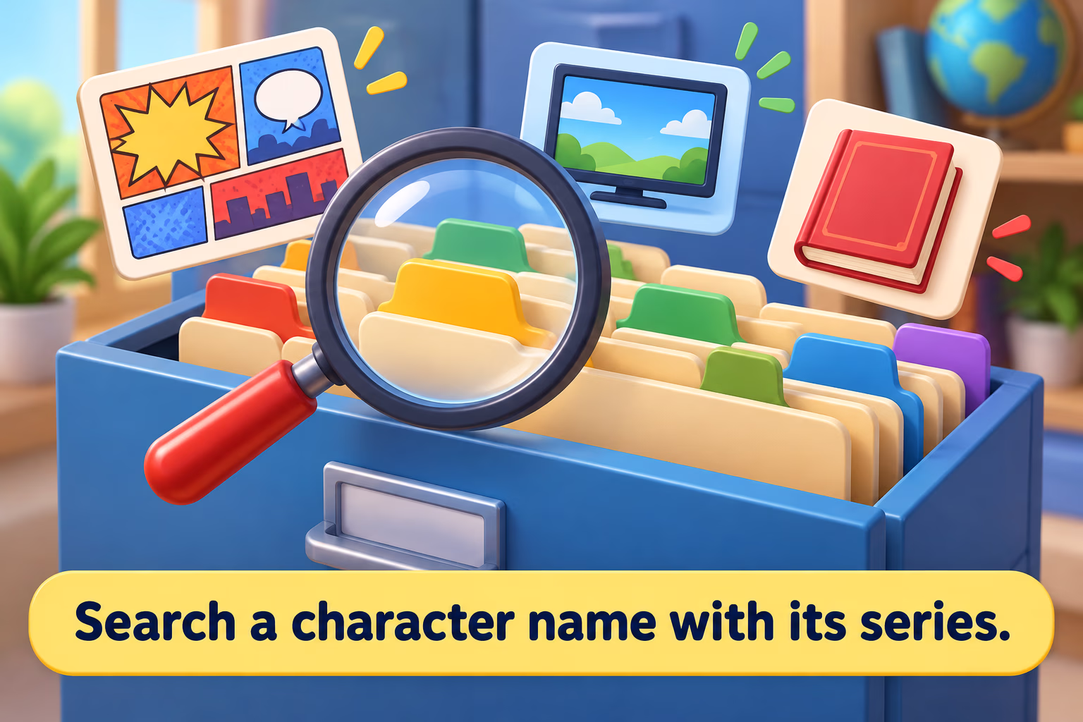 A magnifier over an alphabetical file beside comic, television, and book icons illustrates searching by character and series.