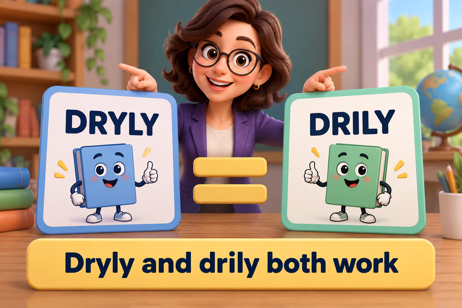 Two dictionary cards show dryly and drily as accepted spellings of the same adverb.