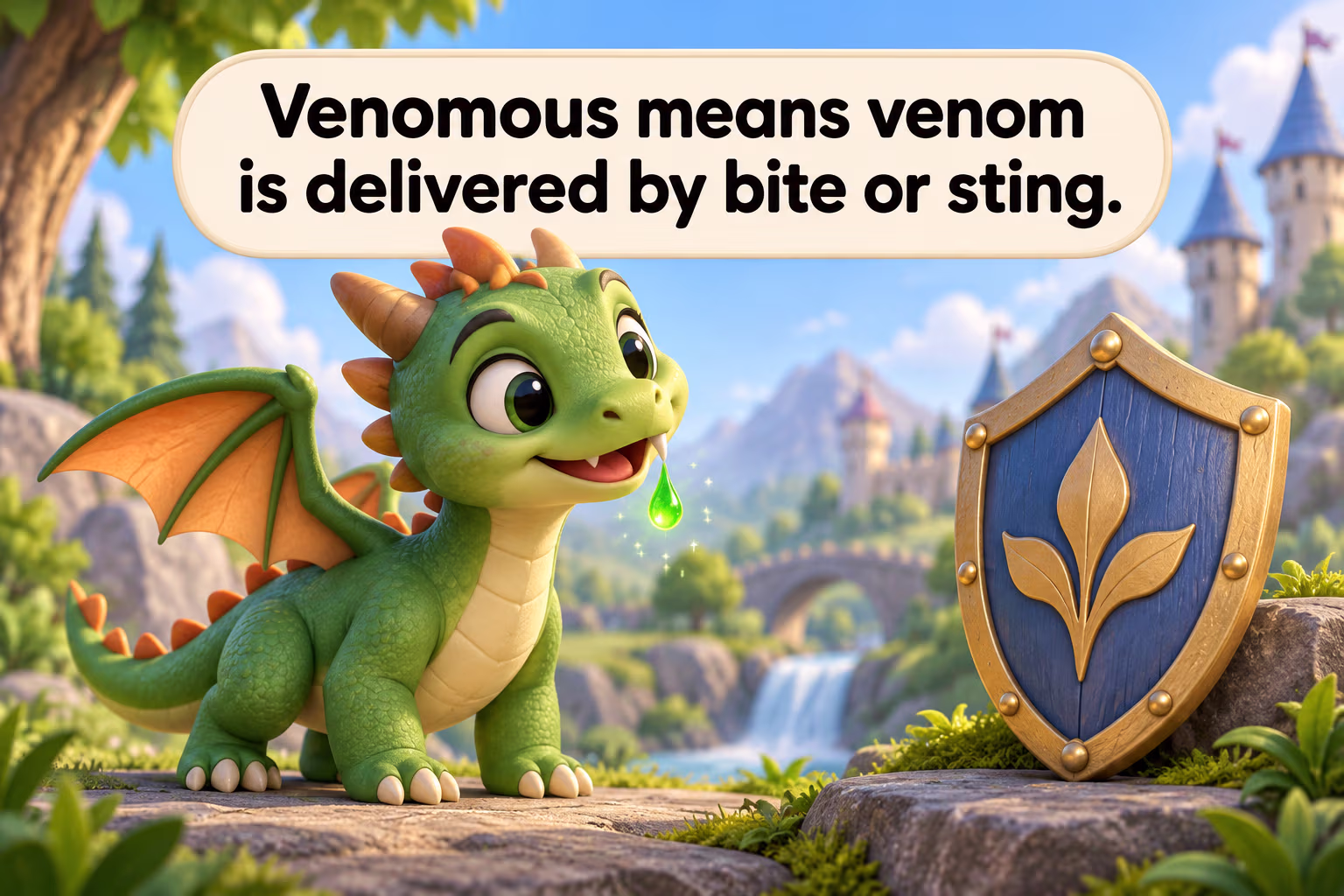 Friendly green fantasy dragon beside a shield with a harmless symbolic droplet.