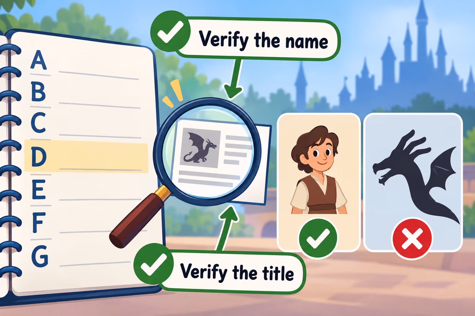 Verify character names and titles A checklist graphic reminds readers to verify a character name and the title it comes from.
