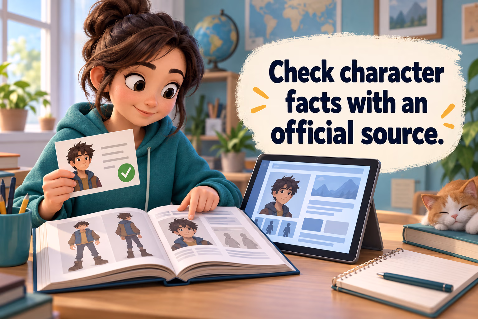 A reader checks a cartoon-character note against an official title page on a tablet.
