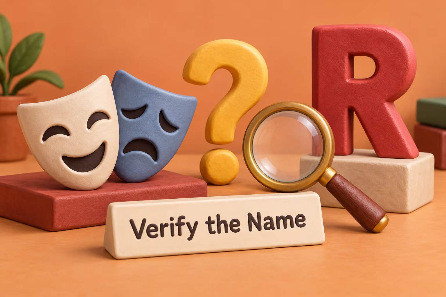 A magnifying glass and theatrical masks beside a question mark and letter R, illustrating name verification.