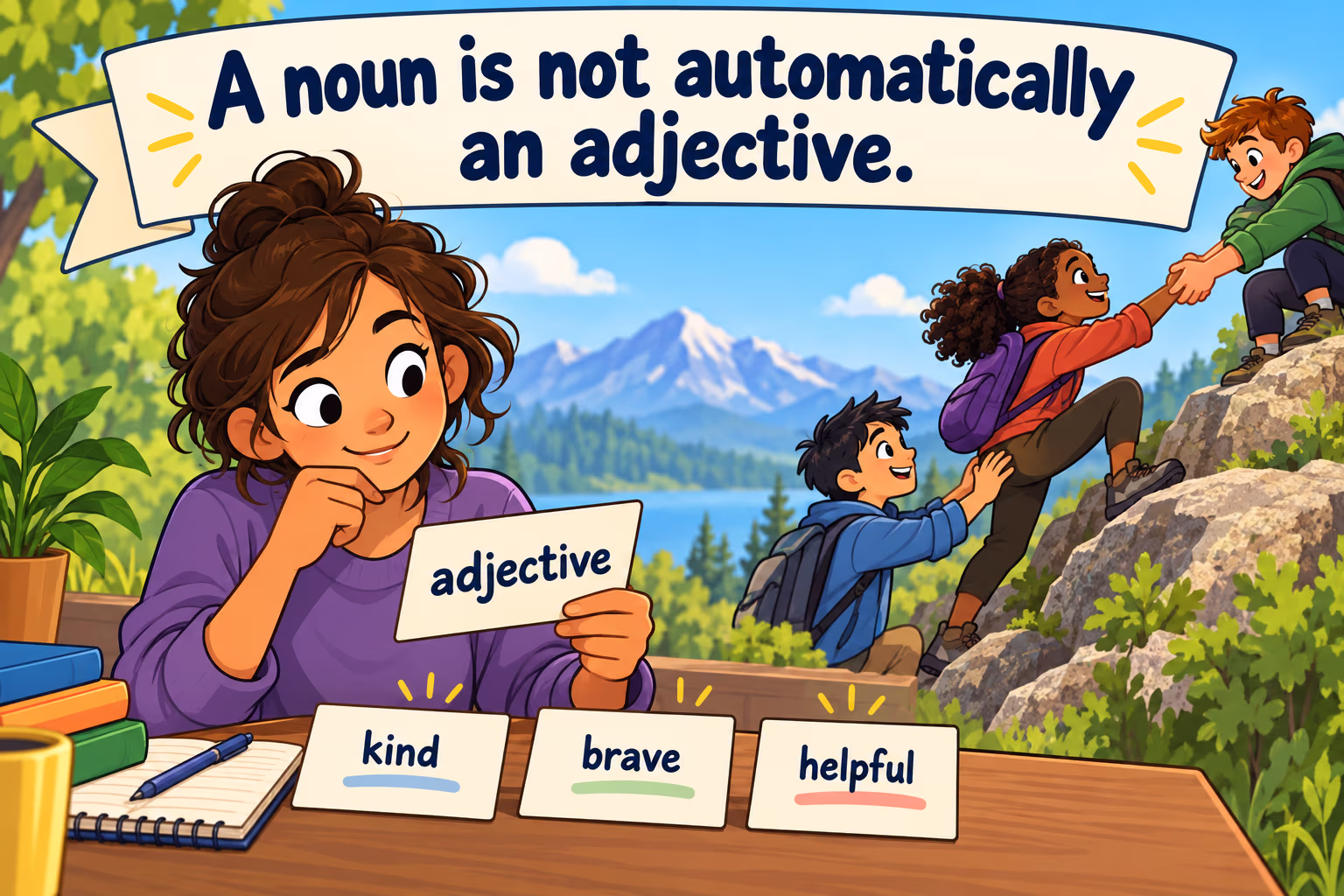 A writer studies an adjective card beside example description cards. A noun is not automatically an adjective.