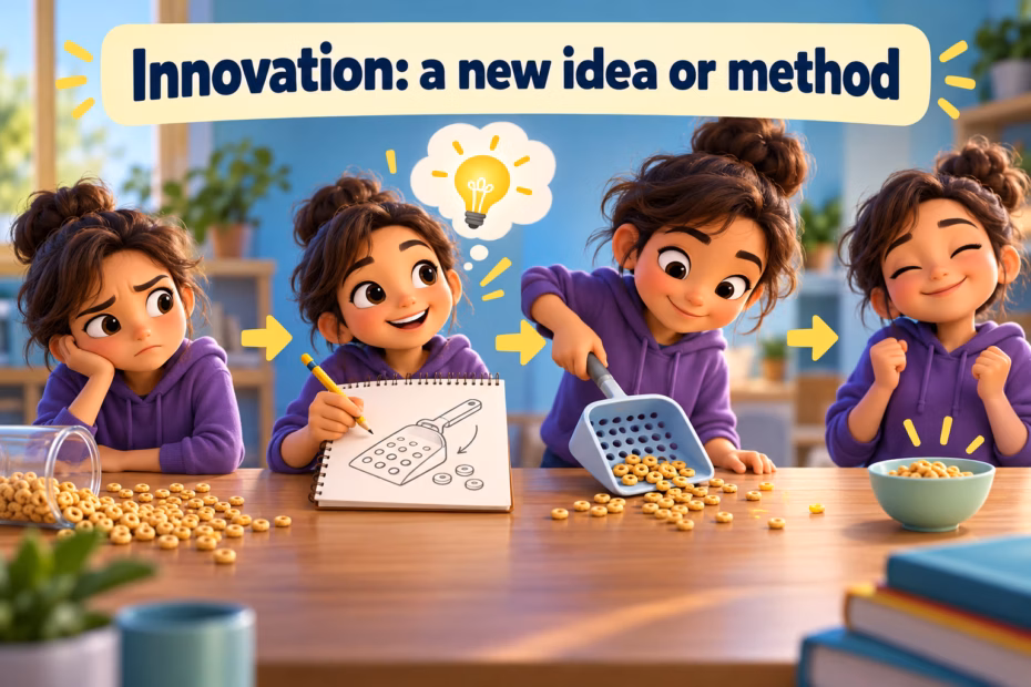 A student sketches and tests a new method. Text: Innovation: a new idea or method.