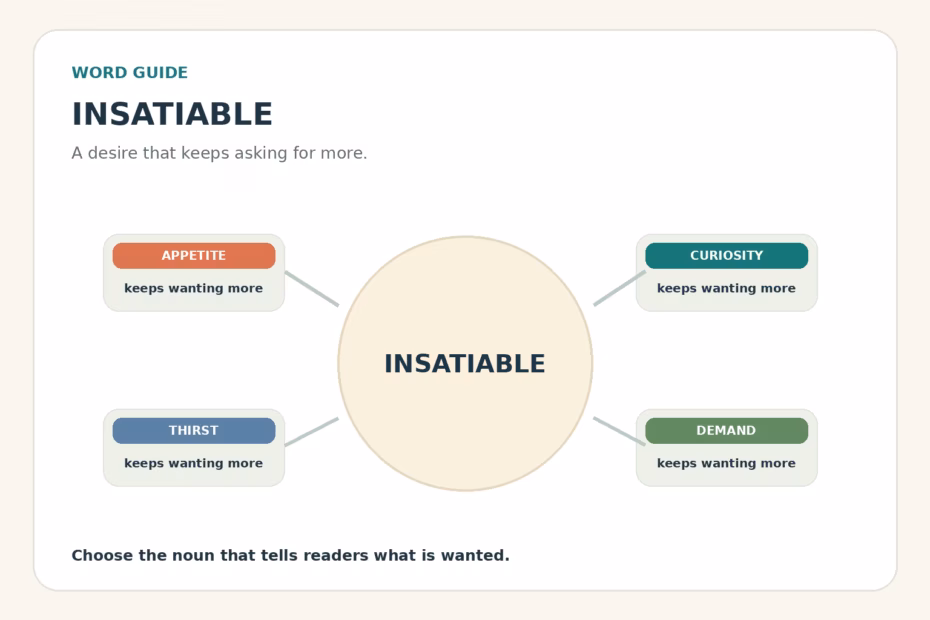 Insatiable paired with appetite, curiosity, thirst, and demand in an illustrated word guide