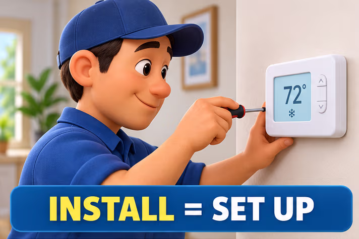 A technician installs a thermostat; the image label reads Install = Set Up.