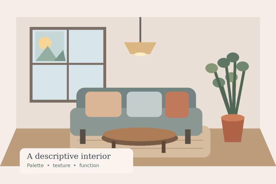 An illustrated living room with a window, upholstered sofa, layered light, and warm neutral finishes.