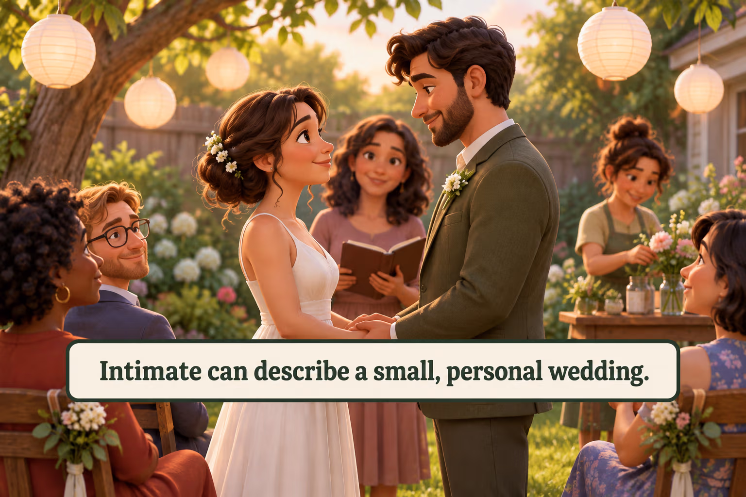 Intimate can describe a small, personal wedding. Two partners exchange vows with a handful of close guests in a garden.