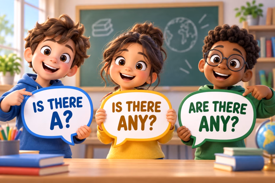 Three friendly cartoon students hold speech bubbles reading “Is there a?”, “Is there any?”, and “Are there any?”