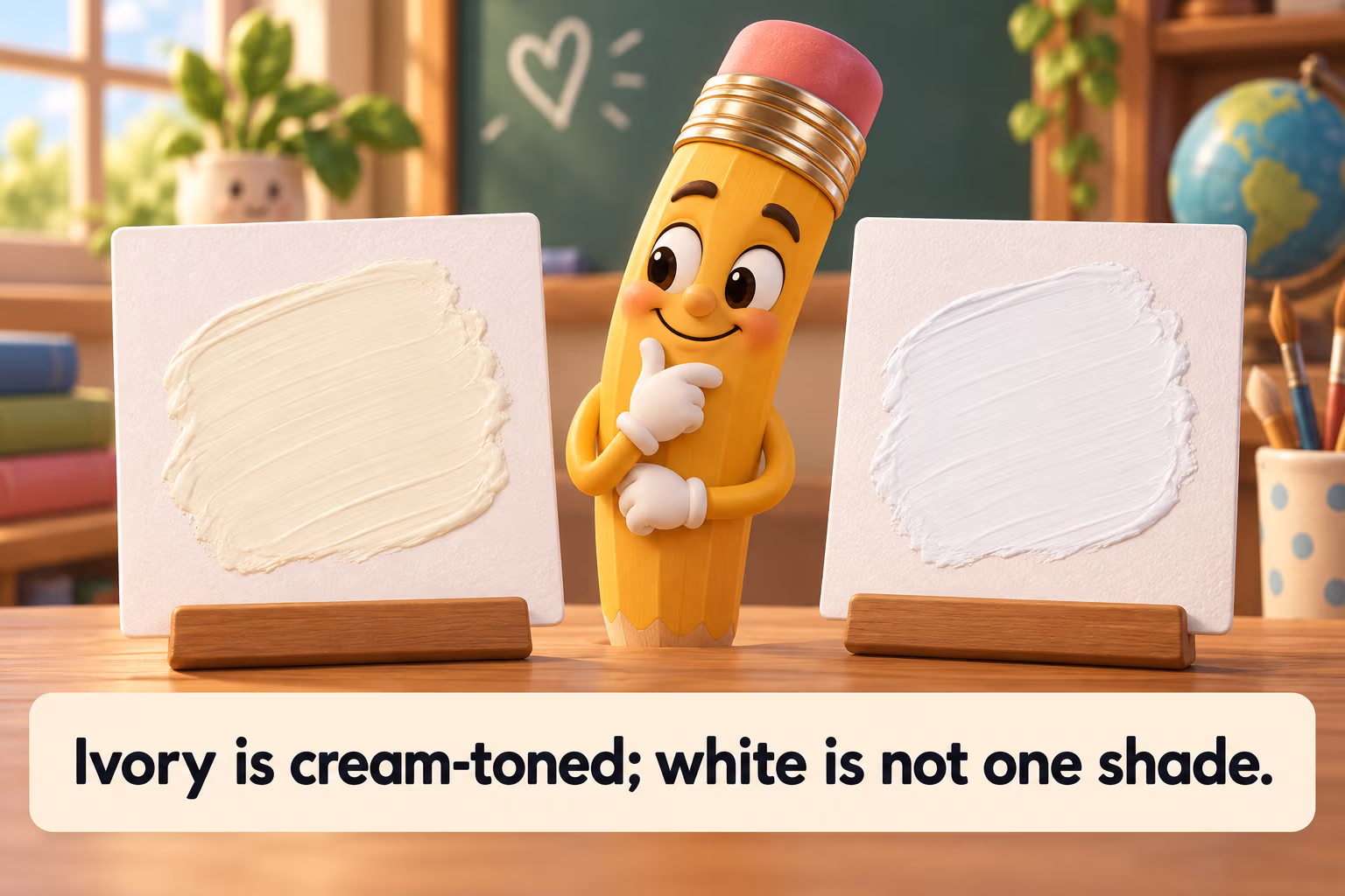 Ivory is cream-toned; white is not one shade. A cartoon pencil compares cream ivory paint with white paint.