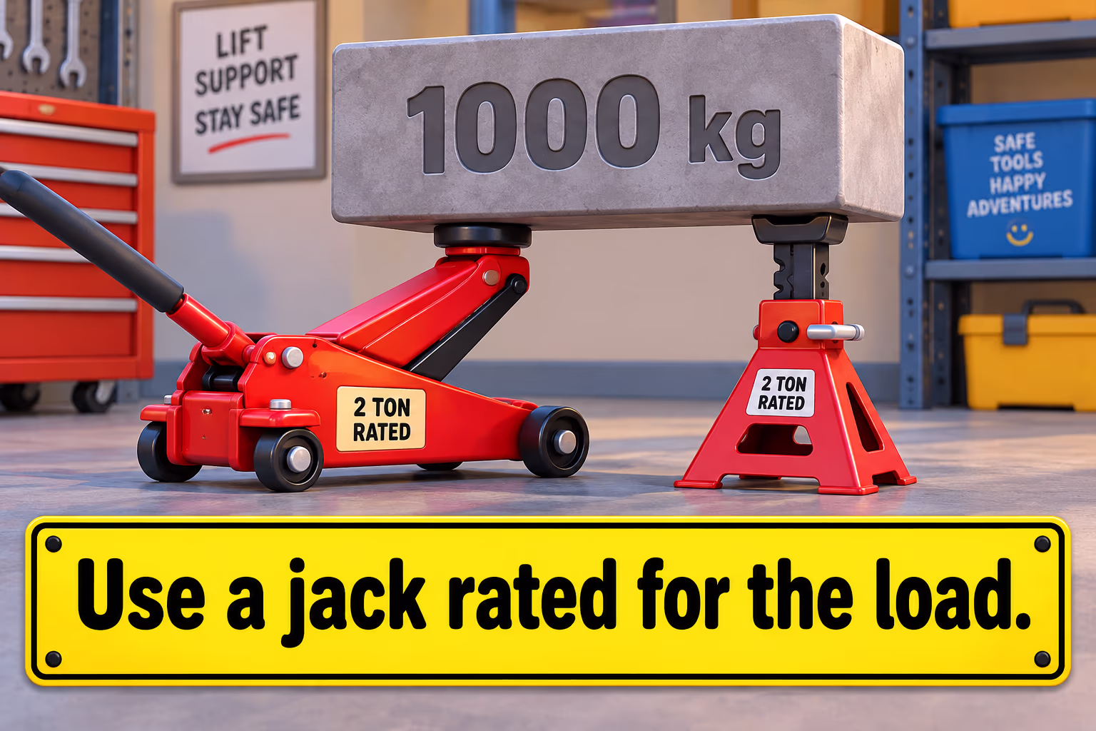 A hydraulic jack lifts a training block beside a separate support stand; the label says to use a jack rated for the load.