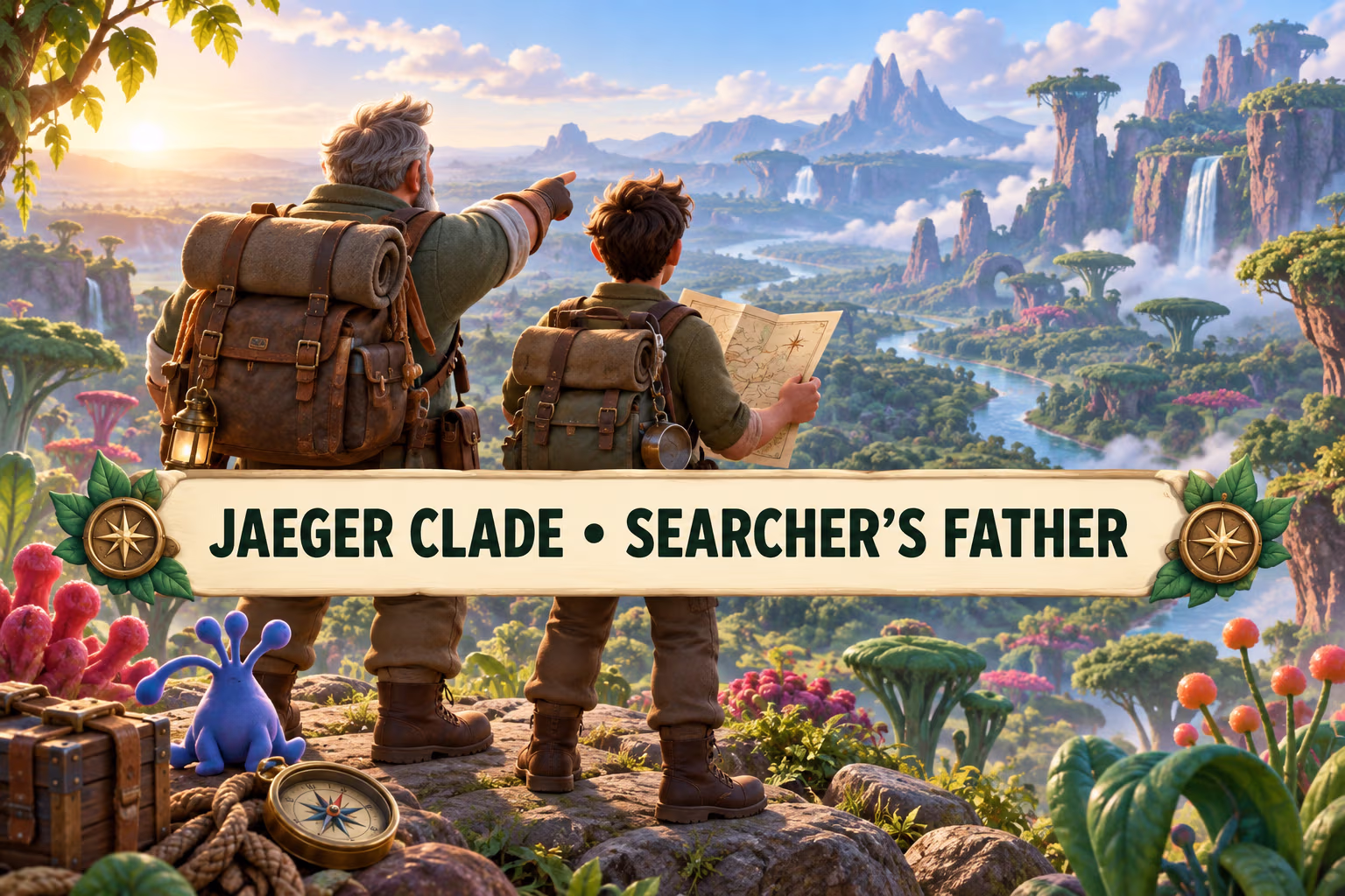 Two generic explorers face an uncharted valley beneath a banner identifying Jaeger Clade as Searcher’s father.