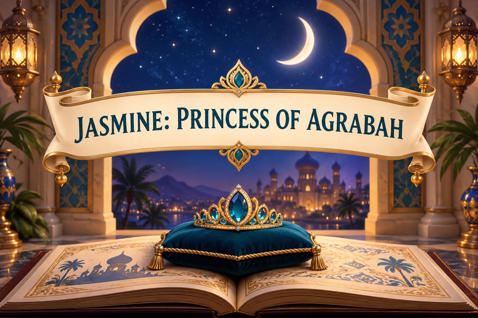A moonlit palace and jeweled crown accompany the fact that Jasmine is Princess of Agrabah.