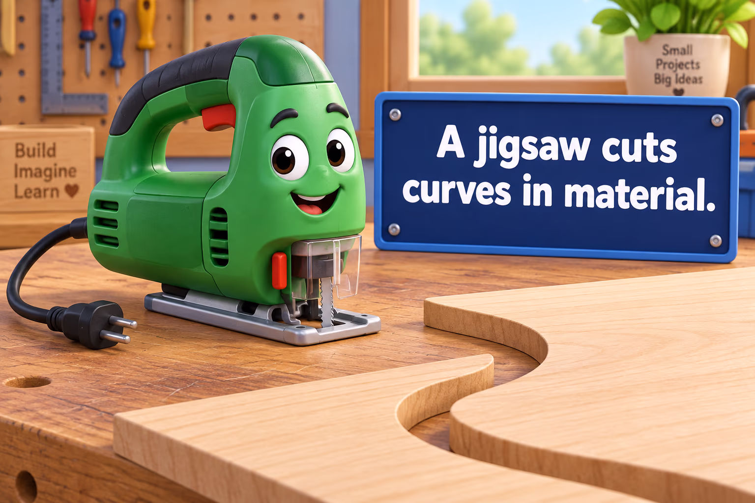 An unplugged handheld jigsaw tool beside a curved cut in a board, labeled “A jigsaw cuts curves in material.”