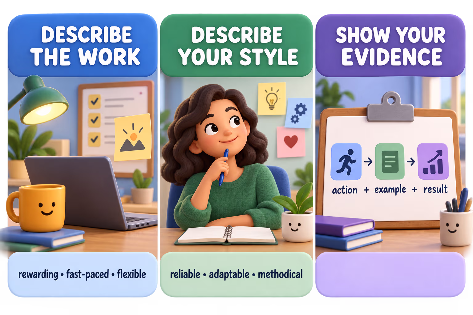 Three-panel graphic separates adjectives for the work, adjectives for a worker’s style, and evidence built from action, example, and result.