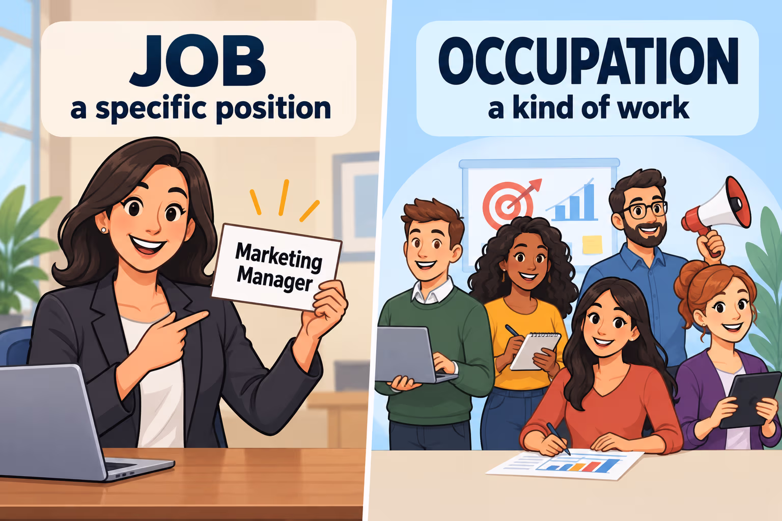 A job is a particular position; an occupation is a kind of work.