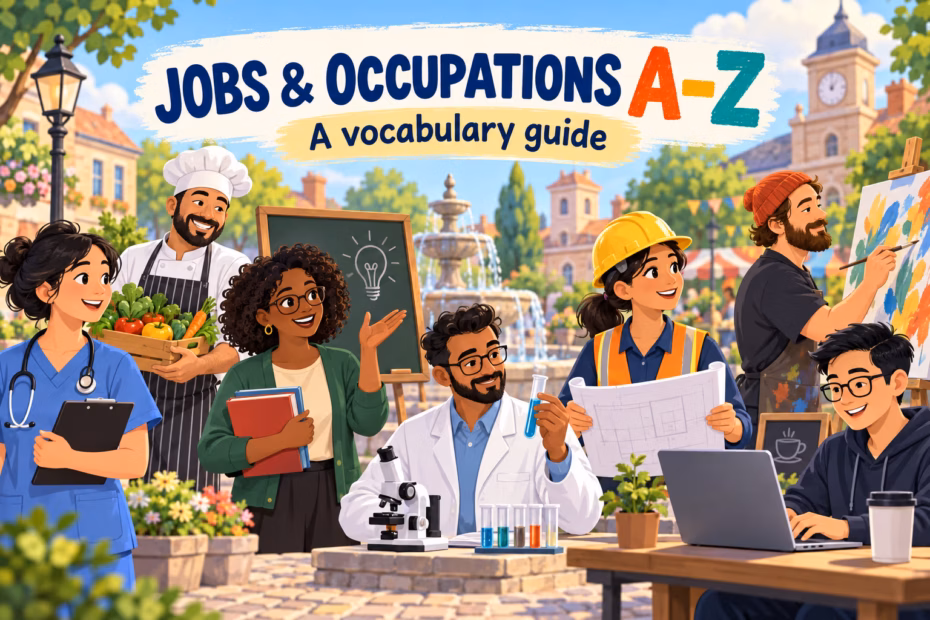 Jobs and occupations from A to Z. Text: Jobs & Occupations A–Z, a vocabulary guide.
