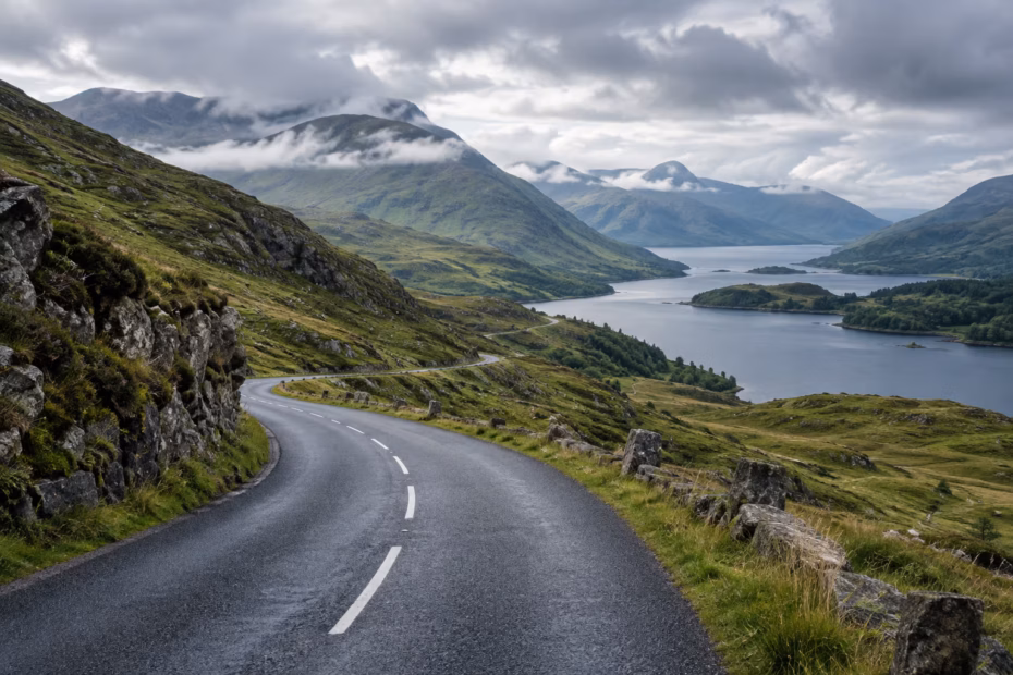 A winding mountain road leads toward a distant lake beneath layered clouds, illustrating a scenic journey.