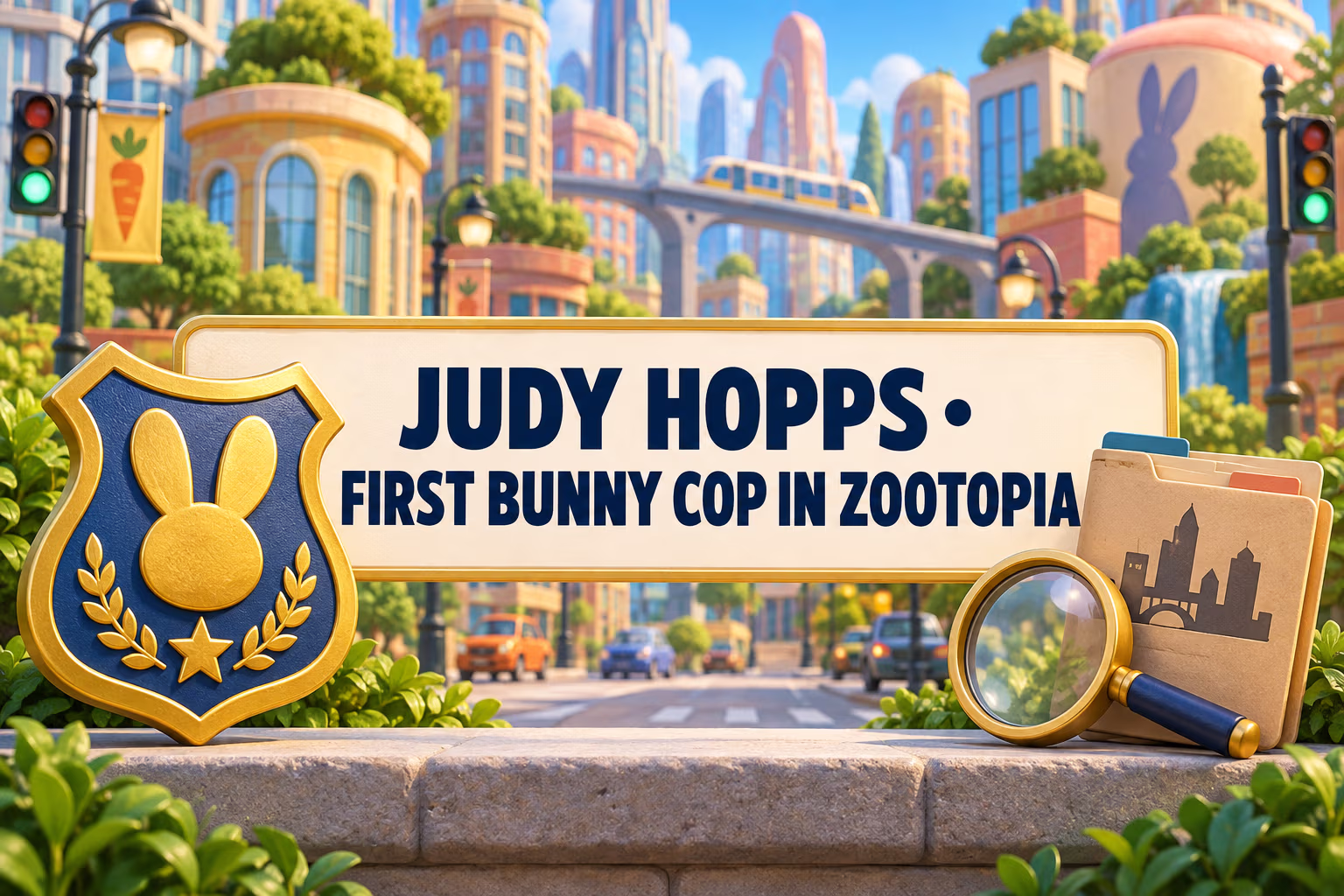 A bunny badge and animal-city scene illustrate that Judy Hopps is Zootopia’s first bunny cop.